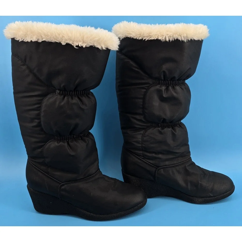 Vtg Y2K Town Country Winter Boots Sz 7.5 Black‎ Puffer Wedge Pull On Faux Fur